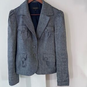 ARTHUR MENDONCA  LINEN MIX BLAZER, LINED, PUFF SLEEVES FRONT PATCH POCKETS SZ 6